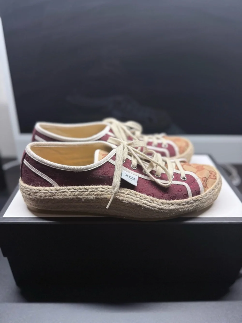Gucci - Men’s Burgundy and Beige Canvas Espadrille Sneakers - Picture 2 of 5